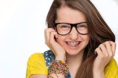 Girl With Braces Wearing Geek Glasses Isolated Royalty Free Stock Images Girl With Braces Wearing Geek Glasses Isolated Royalty Free Stock Images