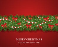 Girland för jul och för lyckligt nytt år och gräns av realistiska seende julgranfilialer som dekoreras med röda pilbågar, vita st stock illustrationer Girland för jul och för lyckligt nytt år och gräns av realistiska seende julgranfilialer som dekoreras med röda pilbågar, vita st stock illustrationer