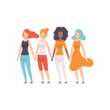 Girls of Different Nationalities Holding Hands, Young Women Advocating for Gender Equality, Freedom, Civil Rights royalty free illustration Girls of Different Nationalities Holding Hands, Young Women Advocating for Gender Equality, Freedom, Civil Rights royalty free illustration