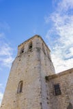 GIRONA, SPAIN - 11 OCTOBER 2020: View of the bell tower of the monastery of Sant Pere de Besalu
