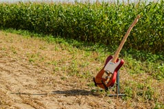 Gitarrtelecaster i röd färg mot bakgrunden av en cornfield på royaltyfri bild Gitarrtelecaster i röd färg mot bakgrunden av en cornfield på royaltyfri bild