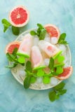 Glaces à l'eau faites maison de pamplemousse avec des tranches de pamplemousse sur un fond en bois en bon état Photos stock Glaces à l'eau faites maison de pamplemousse avec des tranches de pamplemousse sur un fond en bois en bon état Photos stock