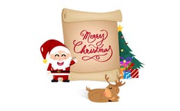 Glad jul, affischbokstäver och kortdesign, Santa Claus, ren, gåva och träd, gammal pappers- bakgrund för etikettsbroschyrbaner stock illustrationer Glad jul, affischbokstäver och kortdesign, Santa Claus, ren, gåva och träd, gammal pappers- bakgrund för etikettsbroschyrbaner stock illustrationer
