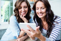 Gladlynta kvinnliga vänner som använder mobiltelefonen arkivbild Gladlynta kvinnliga vänner som använder mobiltelefonen arkivbild