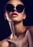 Glamor closeup portrait of beautiful stylish mode in sun glasses with bright colorful lips with perfect clean skin in studio royalty free stock photo Glamor closeup portrait of beautiful stylish mode in sun glasses with bright colorful lips with perfect clean skin in studio royalty free stock photo