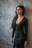 Glamorous woman in black dress on gray wall background , beautiful face and bright make-up royalty free stock photos Glamorous woman in black dress on gray wall background , beautiful face and bright make-up royalty free stock photos