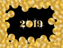 Glanzende gouden Gelukkige nieuwe jaar 2019 begroetende tekst binnen gouden ballons die op zwarte achtergrond ontwerpen vector illustratie Glanzende gouden Gelukkige nieuwe jaar 2019 begroetende tekst binnen gouden ballons die op zwarte achtergrond ontwerpen vector illustratie