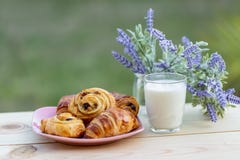 Glas melk op een rustieke lijst Broodjes met rozijnen en Frans croissant Boeket van lavendel stock afbeeldingen Glas melk op een rustieke lijst Broodjes met rozijnen en Frans croissant Boeket van lavendel stock afbeeldingen