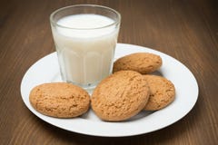 Glass Of Milk And Oat Cookies On A Plate, Horizontal Royalty Free Stock Photo Glass Of Milk And Oat Cookies On A Plate, Horizontal Royalty Free Stock Photo