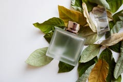 Glass Perfume Bottle With Dry Green And Yellow Leaves Stock Photo Glass Perfume Bottle With Dry Green And Yellow Leaves Stock Photo