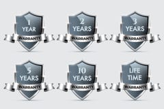 Glass shields with silver frames and ribbons with different warranty texts. Vector warranty shields isolated on vector illustration Glass shields with silver frames and ribbons with different warranty texts. Vector warranty shields isolated on vector illustration