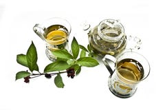 Glass Teapot With Green Tea And Tea Leaves Royalty Free Stock Photos