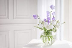 Glass Vase With Lilac And White Floweers  In Light Cozy Bedroom Interior. White Wall, Sunlight From Window, Copy Space Royalty Free Stock Photography