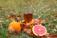 Glass of white wine among a fruits stock photography Glass of white wine among a fruits stock photography
