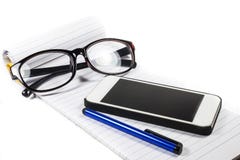 Glasses notebook pen telephone stock photos Glasses notebook pen telephone stock photos