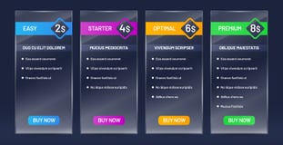 Glassy tariff plans comparison. Tariffs price list, buy banners and website pricing chart transparent glass vector set royalty free illustration Glassy tariff plans comparison. Tariffs price list, buy banners and website pricing chart transparent glass vector set royalty free illustration