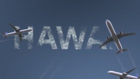 Gli aeroplani di volo rivelano il titolo delle Hawai Animazione concettuale di introduzione di viaggio di vacanza royalty illustrazione gratis Gli aeroplani di volo rivelano il titolo delle Hawai Animazione concettuale di introduzione di viaggio di vacanza royalty illustrazione gratis