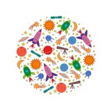 Gli elementi dello spazio saettano in alto, pianeta, la stella, la cometa, UFO in un cerchio royalty illustrazione gratis Gli elementi dello spazio saettano in alto, pianeta, la stella, la cometa, UFO in un cerchio royalty illustrazione gratis