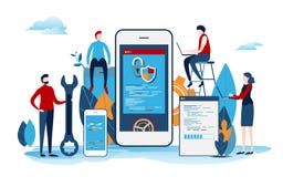Gli sviluppatori creano il progetto startup Processo di sviluppo di applicazioni mobile Interfaccia utente Vettore piano del fume illustrazione di stock Gli sviluppatori creano il progetto startup Processo di sviluppo di applicazioni mobile Interfaccia utente Vettore piano del fume illustrazione di stock
