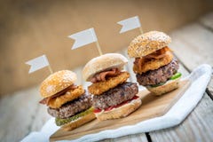 Glidare gnäller högväxta mini- hamburgare som delar mat arkivfoton Glidare gnäller högväxta mini- hamburgare som delar mat arkivfoton