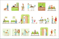 Glimlachende Beeldverhaalkarakters die Hun Huisdieren voor Dierenartsonderzoek brengen in Veterinaire Kliniekinzameling van Illus stock illustratie Glimlachende Beeldverhaalkarakters die Hun Huisdieren voor Dierenartsonderzoek brengen in Veterinaire Kliniekinzameling van Illus stock illustratie