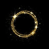 Glitter gold circle frame with space for text. Sparkling golden frame on black background. Bright glittering star dust