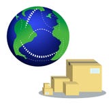 Globala logistiker, handlar och den världsomspännande leveransaffärsidéen Planeten och kartongerna stock illustrationer Globala logistiker, handlar och den världsomspännande leveransaffärsidéen Planeten och kartongerna stock illustrationer