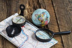 Globe, Map And Compass Stock Photo