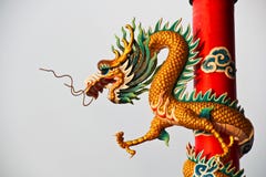 Glod China Dragon In Red Pole Stock Image