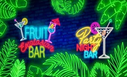 Glowing Neon Summer Sign With Neon Tropical Exotic Leaves Royalty Free Stock Images