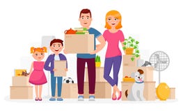 Glückliche Familienbewegung in flache Illustration des neuen Hauptplatzvektors Mutter, Vater und Kinder, die Pappschachteln mit h stock abbildung Glückliche Familienbewegung in flache Illustration des neuen Hauptplatzvektors Mutter, Vater und Kinder, die Pappschachteln mit h stock abbildung