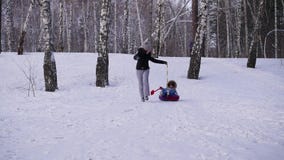 Glückliche Familienfahrten und lächelndes snowtube auf schneebedeckte Straßen Langsame Bewegung Schneewinterlandschaft Draußen Sp stock footage Glückliche Familienfahrten und lächelndes snowtube auf schneebedeckte Straßen Langsame Bewegung Schneewinterlandschaft Draußen Sp stock footage
