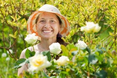 Glückliche fällige Frau in der Roseanlage Stockbild Glückliche fällige Frau in der Roseanlage Stockbild