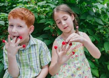 Glückliche Kinder, die Himbeere von den Fingern im Sommergarten essen stockbild Glückliche Kinder, die Himbeere von den Fingern im Sommergarten essen stockbild