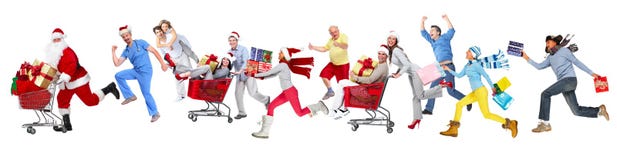 Glückliche laufende Weihnachtsleute stockfoto Glückliche laufende Weihnachtsleute stockfoto