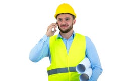 Gniewny wzburzony młody budowa inżynier yeling przy telefonem obrazy stock Gniewny wzburzony młody budowa inżynier yeling przy telefonem obrazy stock