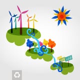 Go green city wind mills, trees, solar panels and curly waterfall. vector illustration Go green city wind mills, trees, solar panels and curly waterfall. vector illustration