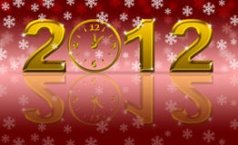 Gold 2012 Happy New Year Clock with Snowflakes. And Reflection stock illustration Gold 2012 Happy New Year Clock with Snowflakes. And Reflection stock illustration
