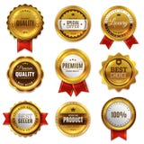 Gold badges seal quality labels. Sale medal badge premium stamp golden genuine emblem guarantee round vector set