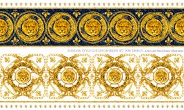 Gold chains seamless border. luxury illustration. golden Lion head and lace. damask pattern design. vintage riches background.