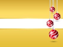 Gold Christmas background. Four hanging red shiny Christmas ball decoration at right with white blank space for your greeting text royalty free illustration Gold Christmas background. Four hanging red shiny Christmas ball decoration at right with white blank space for your greeting text royalty free illustration