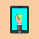 Gold coin in hand businessman isometric design on screen tablet. stock illustration Gold coin in hand businessman isometric design on screen tablet. stock illustration