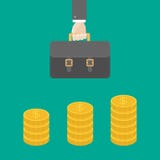 Gold coin stacks icon in shape of diagram. Dollar sign symbol. Cash money. Income and profits. Businessman hand holding briefcase. Stock Photography Gold coin stacks icon in shape of diagram. Dollar sign symbol. Cash money. Income and profits. Businessman hand holding briefcase. Stock Photography