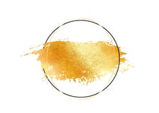 Gold glitter foil brush stroke vector. Golden paint smear with circle round border frame isolated on white. Glow metal