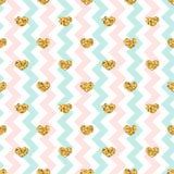 Gold heart seamless pattern. Pink-blue-white geometric zig zag, golden confetti-hearts. Symbol of love, Valentine day royalty free illustration Gold heart seamless pattern. Pink-blue-white geometric zig zag, golden confetti-hearts. Symbol of love, Valentine day royalty free illustration