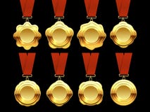 Gold medals vector collection on red ribbons Royalty Free Stock Images Gold medals vector collection on red ribbons Royalty Free Stock Images