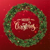 Gold Merry Christmas Typographical on red background with Christmas wreath of tree branches, berries, lights, bokeh. stock illustration Gold Merry Christmas Typographical on red background with Christmas wreath of tree branches, berries, lights, bokeh. stock illustration