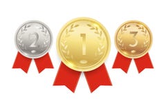 Gold-, silberne und Bronzemedaillen, Meisterschaftspreise mit roten Bändern Auch im corel abgehobenen Betrag lizenzfreie abbildung Gold-, silberne und Bronzemedaillen, Meisterschaftspreise mit roten Bändern Auch im corel abgehobenen Betrag lizenzfreie abbildung