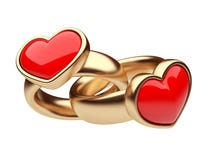 Gold Two Ring With Red Heart 3D. Love. Isolated Stock Photo