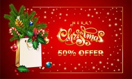 Gold Vector hand drawn lettering text Merry Christmas. 3d Shopping bag, spruce fir branche, xmas Sales offer advertising stock illustration Gold Vector hand drawn lettering text Merry Christmas. 3d Shopping bag, spruce fir branche, xmas Sales offer advertising stock illustration